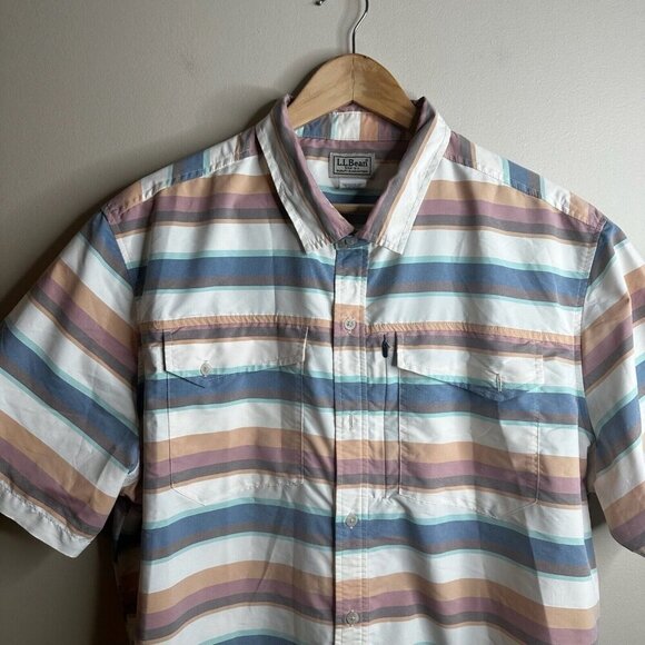 LL Bean Button Up Short Sleeve Shirt Mens XL Mulitcolor Striped Fishing Outdoor - Picture 2 of 12